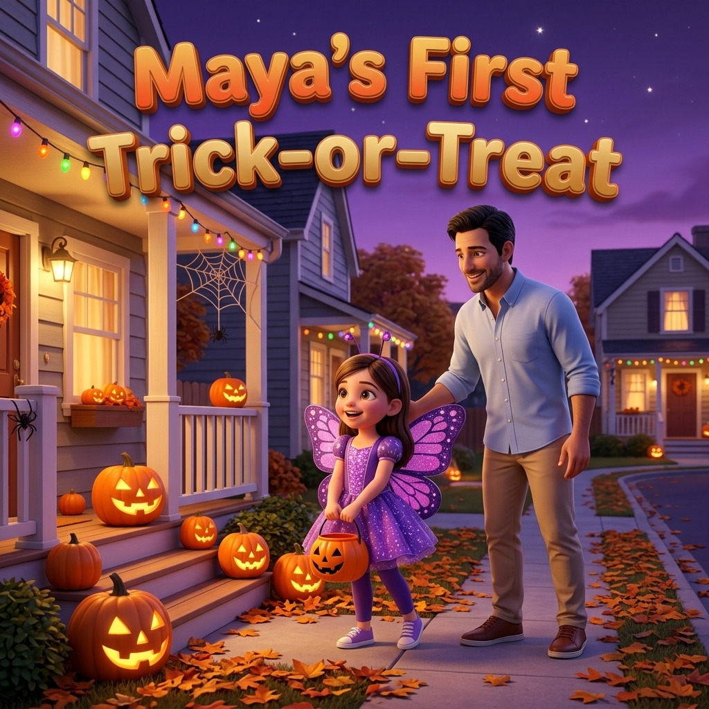 Maya's First Trick-or-Treat — a personalized Halloween storybook cover showing a girl in a butterfly costume trick-or-treating with her dad