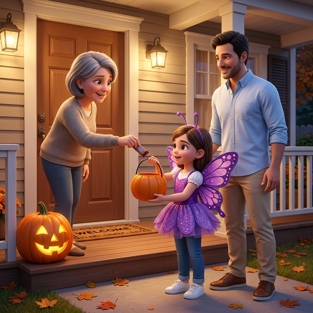Storybook page: Maya says trick or treat at a friendly neighbor's door