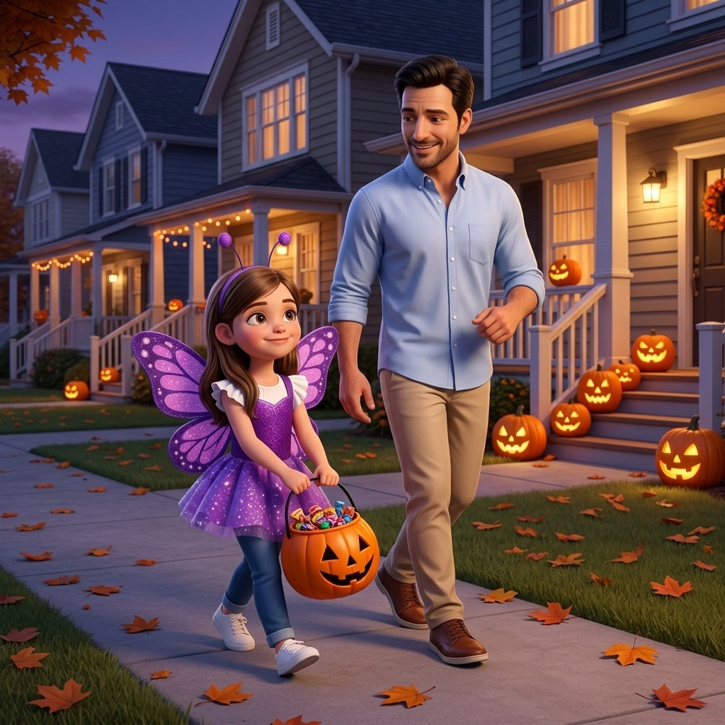 Storybook page: Maya and her dad walk past glowing jack-o'-lanterns