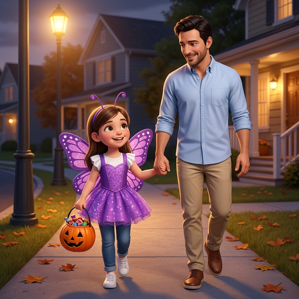 Storybook page: the proud walk home under the streetlights