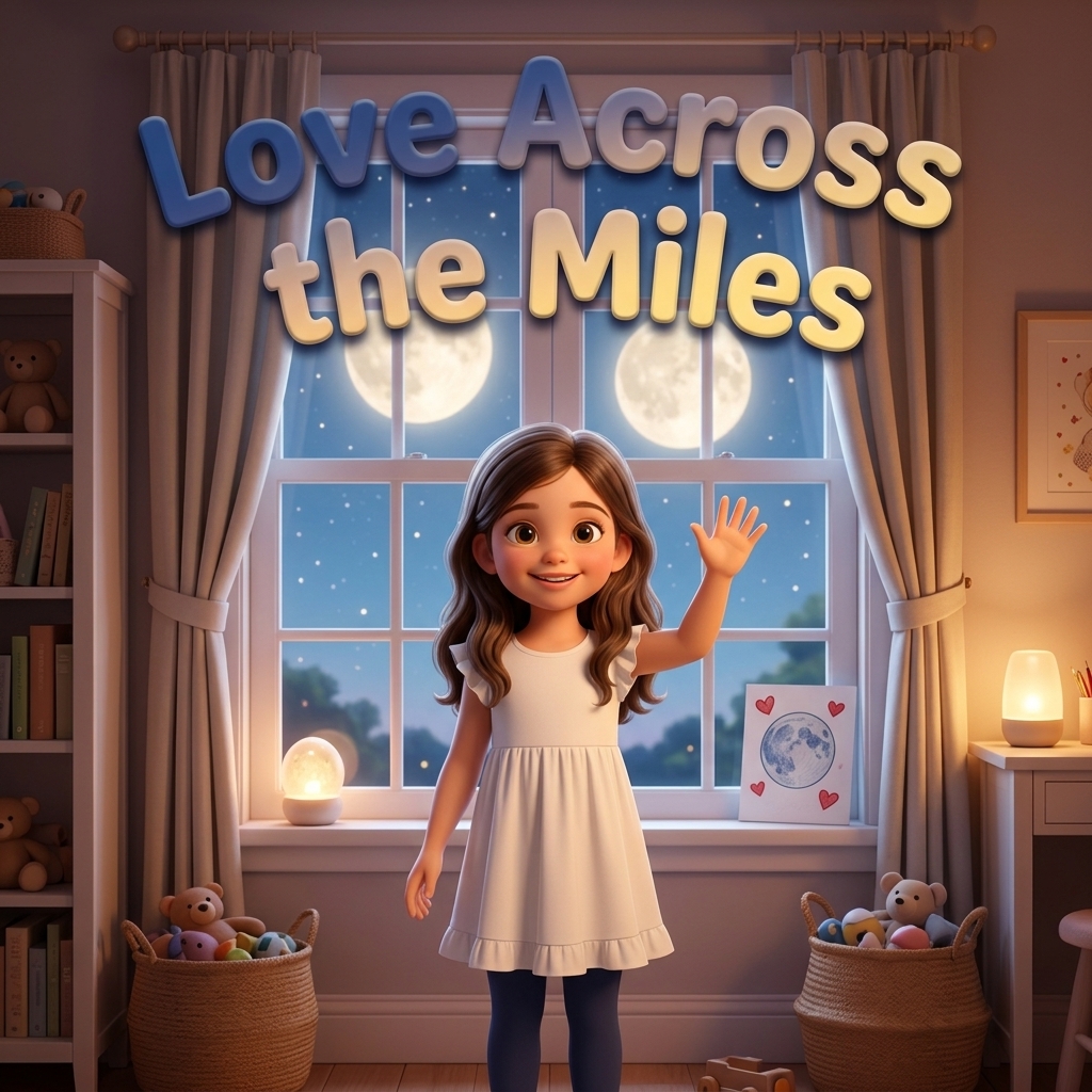 Love Across the Miles — a personalized storybook cover showing a girl waving goodnight at the moon from her bedroom window