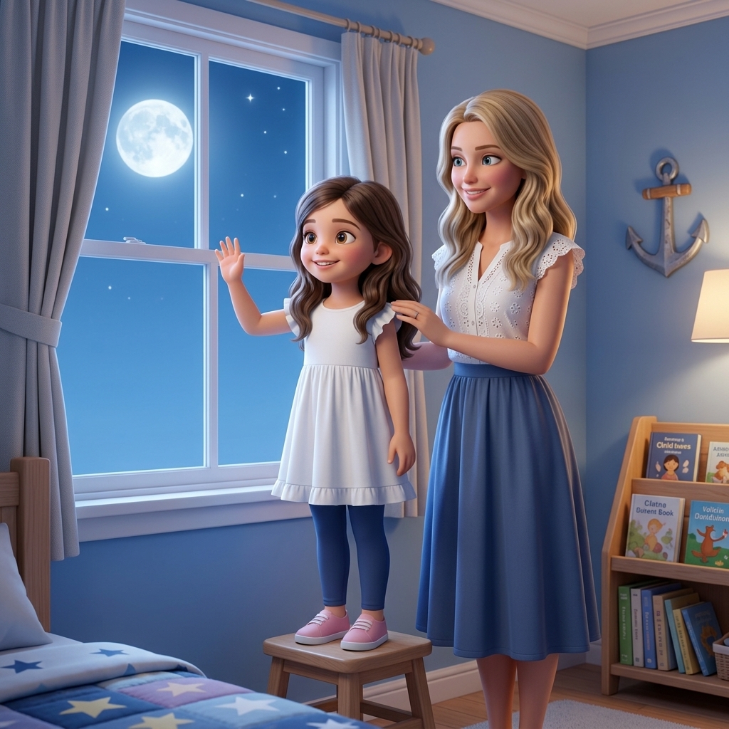 Storybook page: Maya waves goodnight to the moon that she and Grandma share