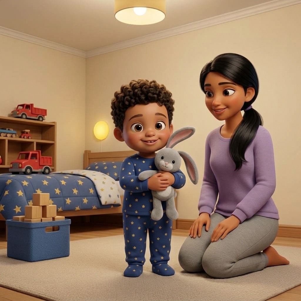 Storybook page: Theo in star pajamas hugs his bunny Pip in his bedroom while Mommy kneels beside him