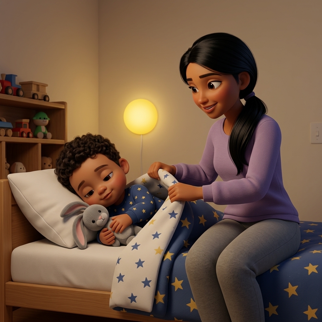 Storybook page: Mommy tucks Theo and his bunny Pip under a starry blanket by a glowing nightlight