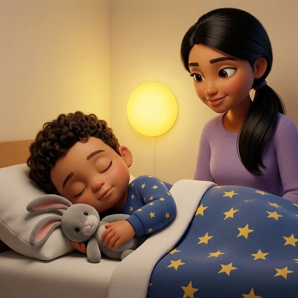 Storybook page: Theo closes his eyes and hugs Pip as Mommy watches over him