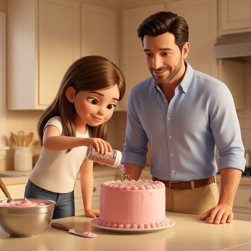 Storybook page: Maya adds the sprinkles to her birthday cake with her dad