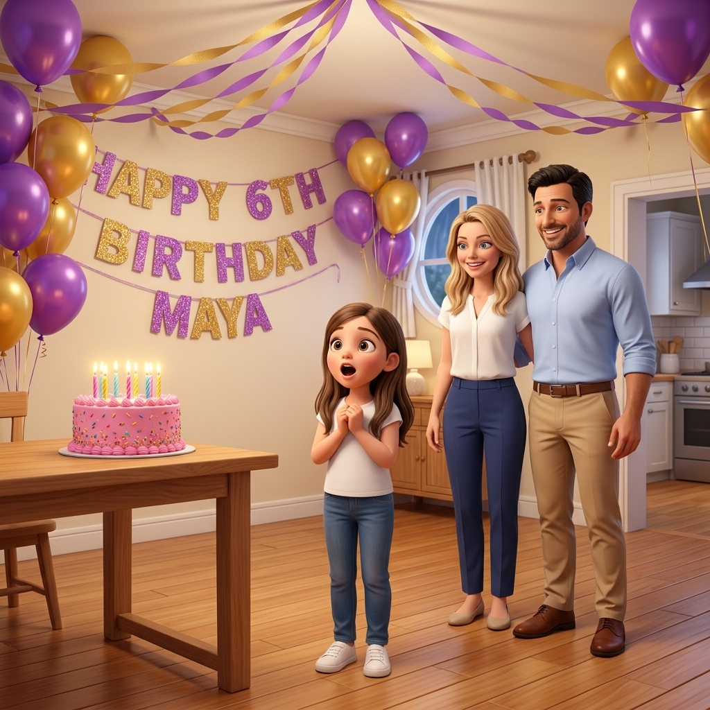 Storybook page: the big birthday surprise reveal with balloons and a banner