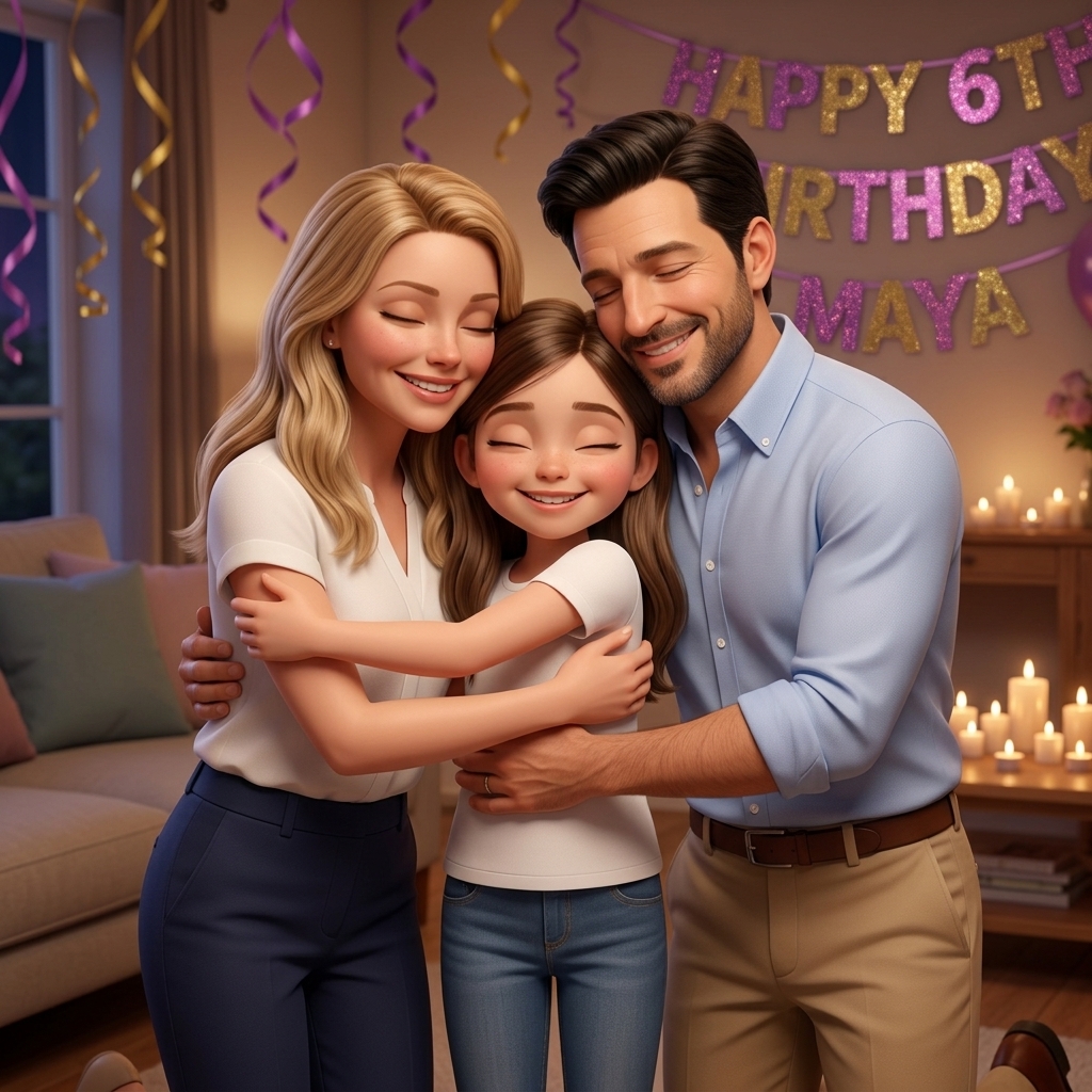 Storybook page: a family hug at the end of the best birthday