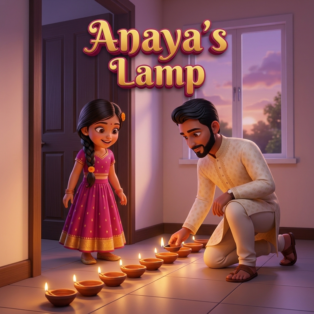 Anaya's Lamp, a personalized Diwali storybook cover showing a girl in a pink lehenga lighting a row of diyas with her dad