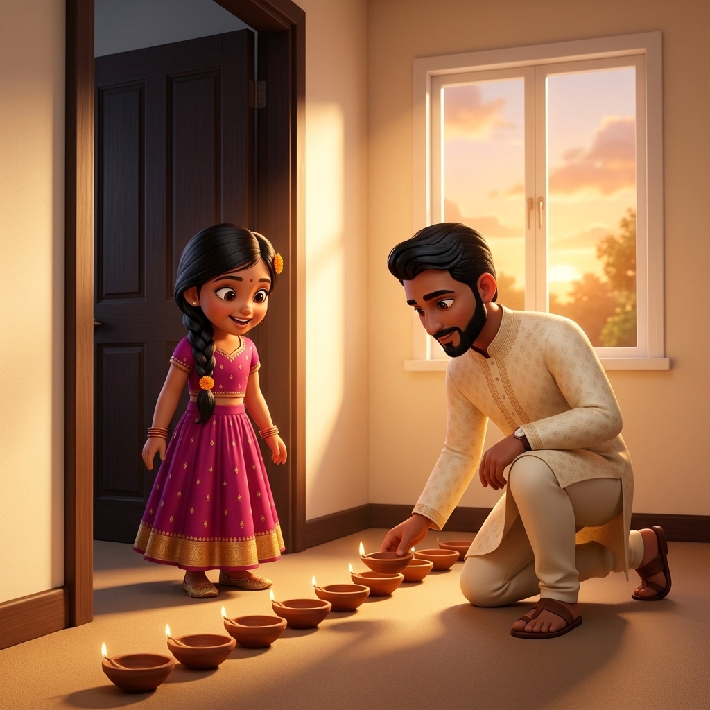 Storybook page: Papa sets out a row of little clay lamps at sunset while Anaya watches