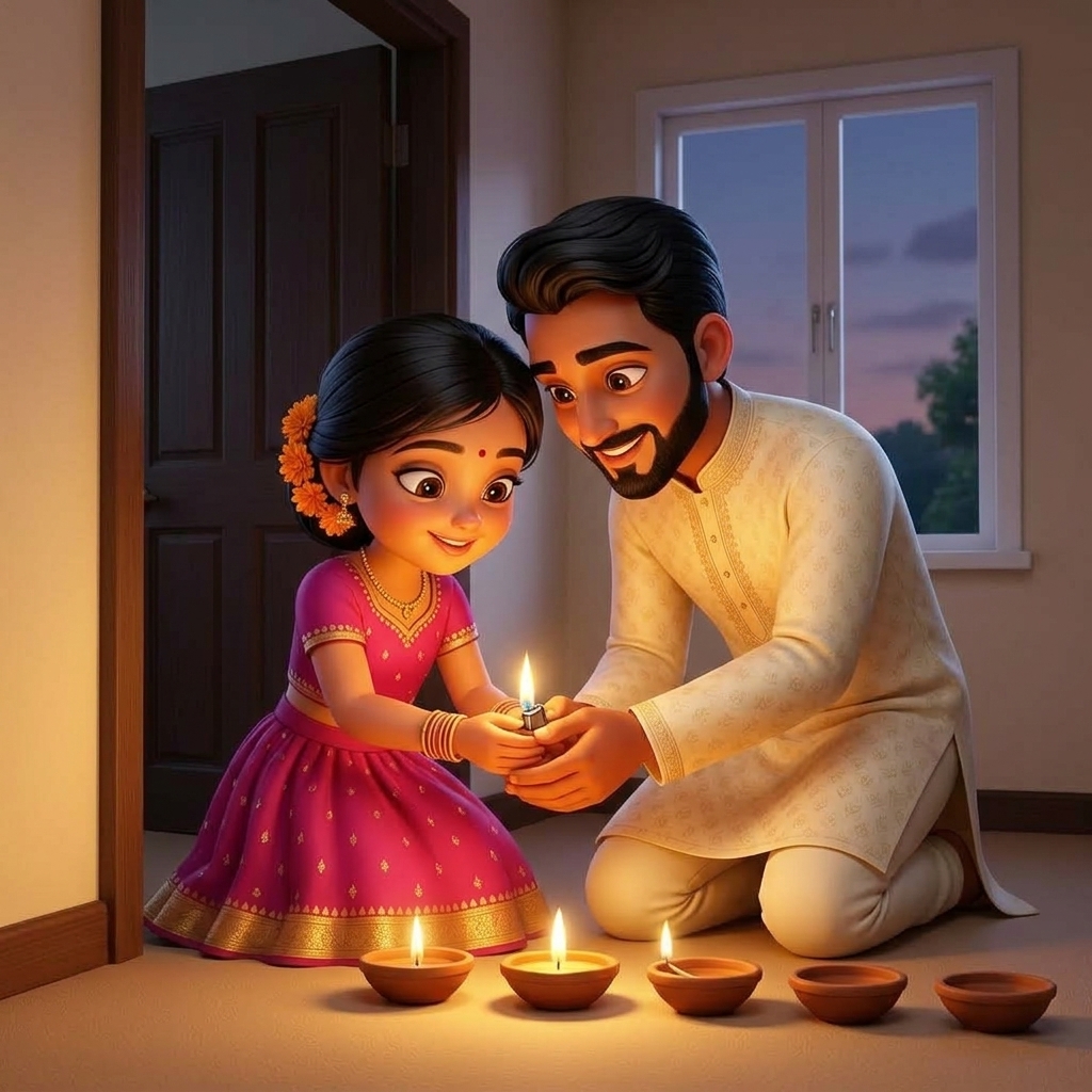Storybook page: Anaya and Papa light a lamp together, hands side by side