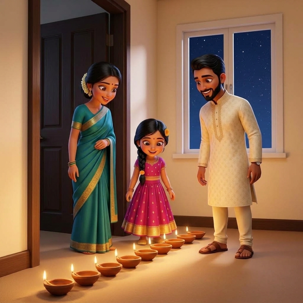 Storybook page: the whole family stands by a glowing row of lamps